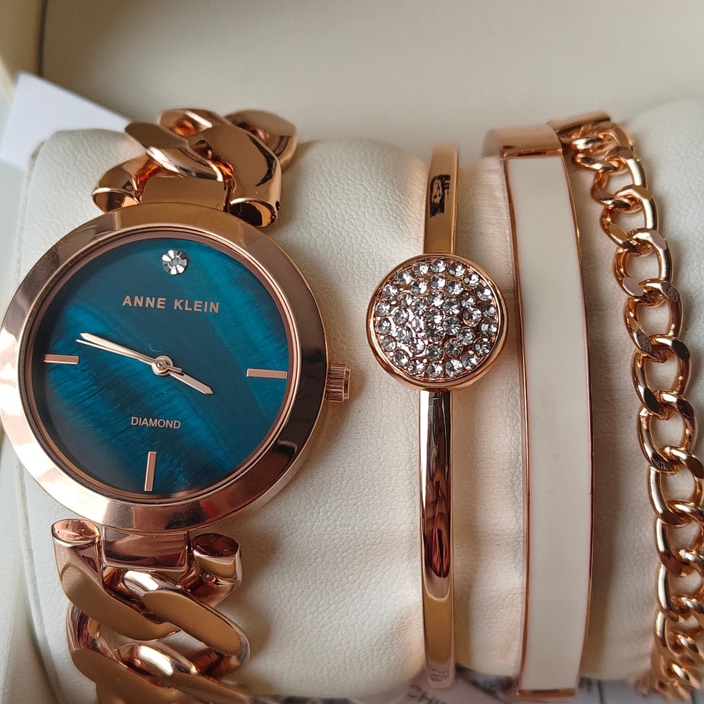 NEW Anne Klein Rose Gold‎ Teal Diamond Wrist Watch Bracelet Bangle 4 Piece Set